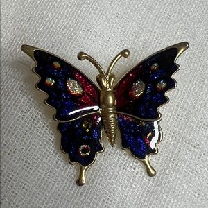 Gold Tone Butterfly Brooch with Blue and Red Enamel